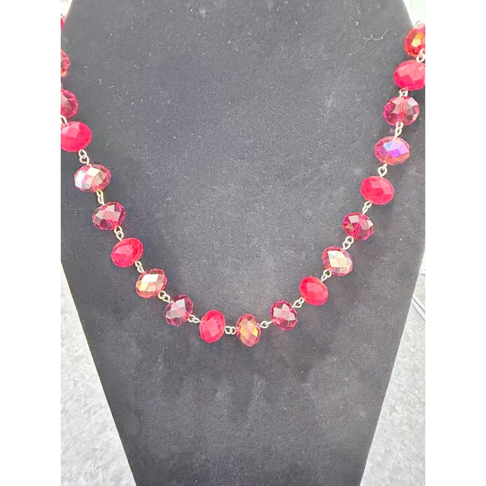 Red Faceted Crystal Bead Necklace Silver Tone Adjustable Chain Statement Jewelry